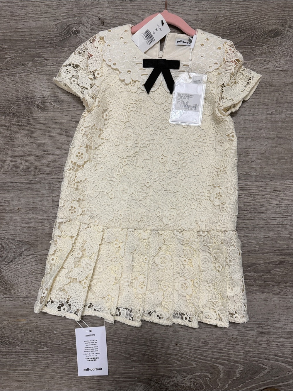 Self-Portrait Cream Lace Girls' Dress with Black Bow